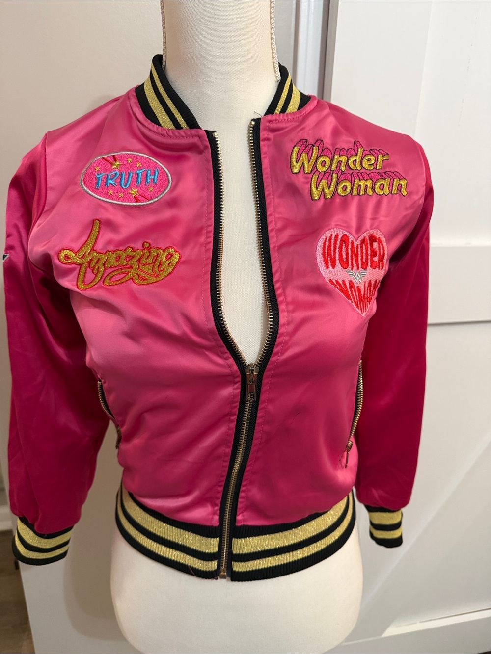 Pink Wonder Woman Embroidered Bomber Jacket - Kids Size 8